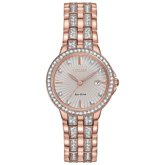 Citizen Women's Crystal Date Solar Eco-Drive Pink Gold Watch 28 MM EW2348-56A - Picture 1 of 6